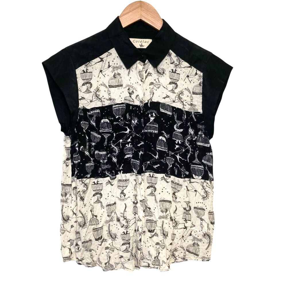 Black & Cream Printed Cap-Sleeve Blouse